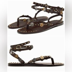 Zara Brown Leather Embellished Flat Sandals Size US 8 / EU‎ 39